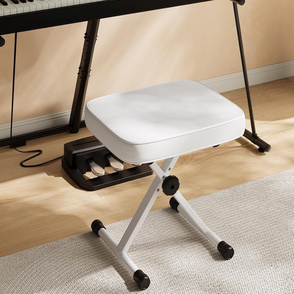 Adjustable Padded Keyboard Bench, X-Style Collapsible Piano Guitar Stool with 2.56 Inch Thickness High-Density Sponge and 3-Position Height, Waterproof Non-Skid Design, White