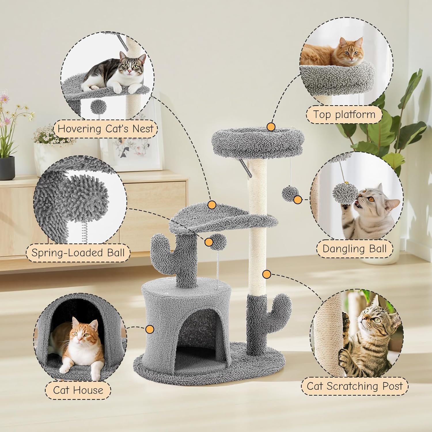 33-inch Cat Tree Tower for Indoor Cats, Small Cat Scratching Post with Curved Bed, Cat Tree with Cat Condo for Adult, Grey