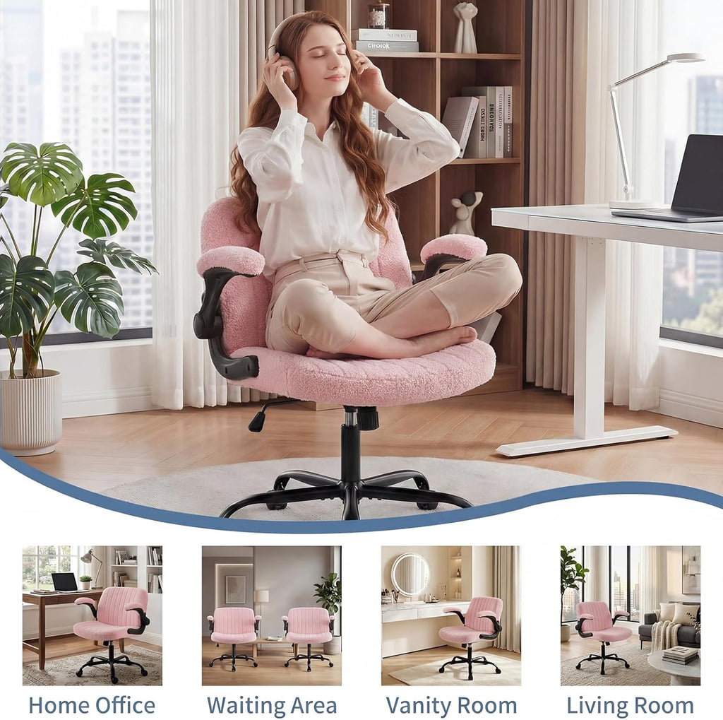 Criss Cross Office Chair with Wheels, Wide Cross Legged Desk Vanity Chair Comfy Fabric Flip-Arms Adjustable Swivel Chairs for Home Computer Bedroom, Teddy Pink
