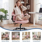 Criss Cross Office Chair with Wheels, Wide Cross Legged Desk Vanity Chair Comfy Fabric Flip-Arms Adjustable Swivel Chairs for Home Computer Bedroom, Teddy Pink