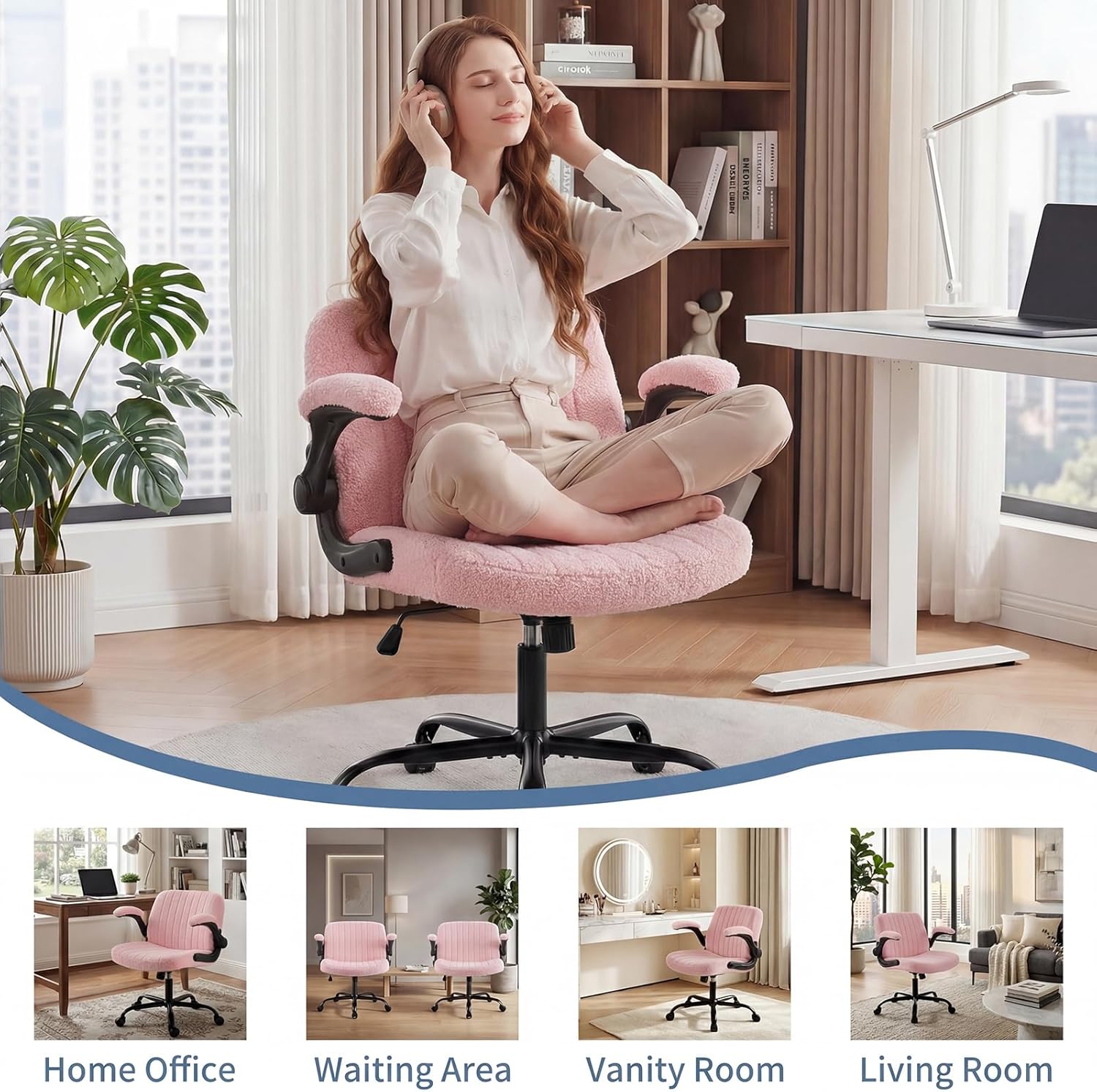 Criss Cross Office Chair with Wheels, Wide Cross Legged Desk Vanity Chair Comfy Fabric Flip-Arms Adjustable Swivel Chairs for Home Computer Bedroom, Teddy Pink