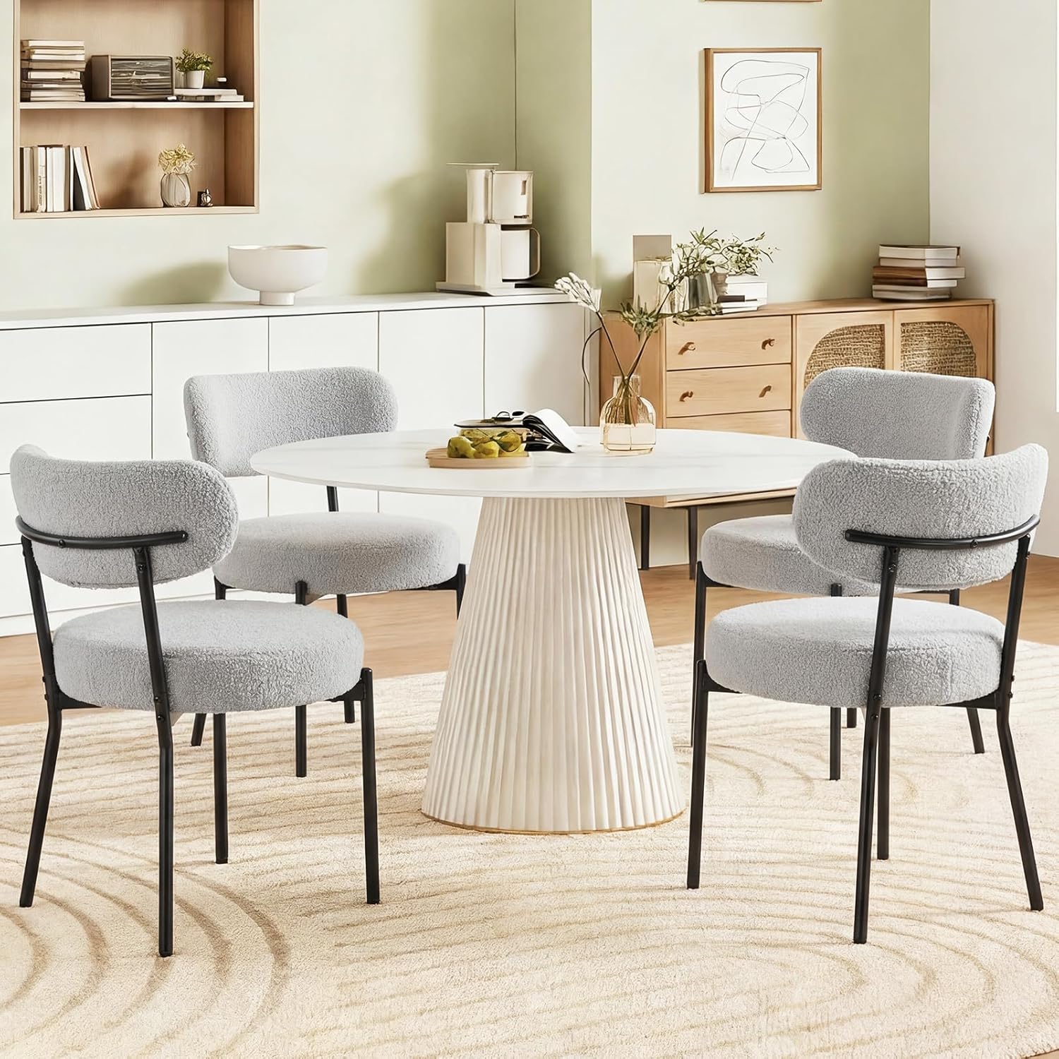 Dining Chairs Set of 4, Mid Century Modern Chair Round Upholstered Curved Backrest, Kitchen Vanity Living Room Chairs with Black Metal Legs, Beige