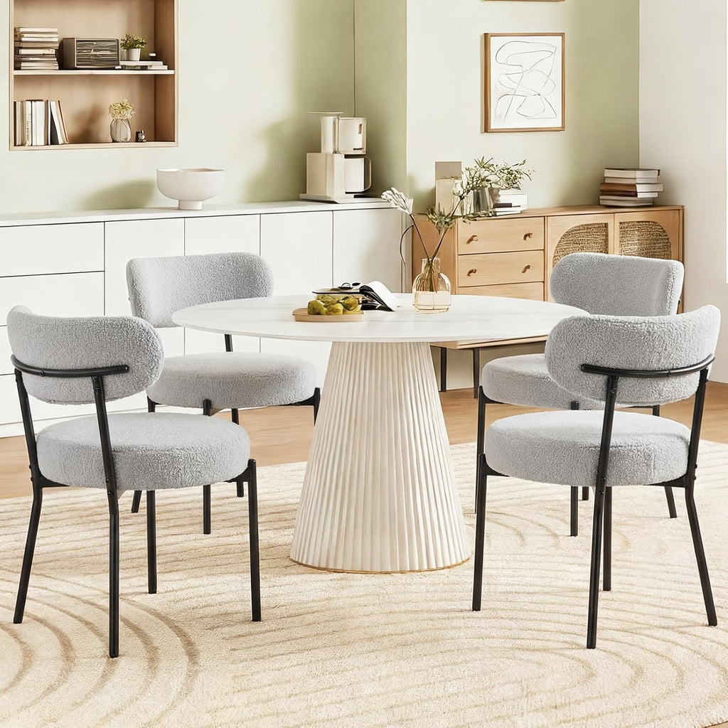 Dining Chairs Set of 2, Mid Century Modern Chair Round Upholstered Curved Backrest, Kitchen Vanity Living Room Chairs with Black Metal Legs??Ivory White