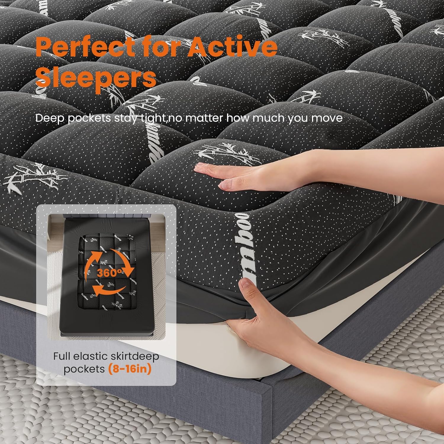 Ultra Soft Mattress Topper King Size - Viscose Made from Bamboo Pillow Top Mattress Pad for Breathable Cooling & Back Pain Relief, Deep Pocket Comfort Bed Topper, Black