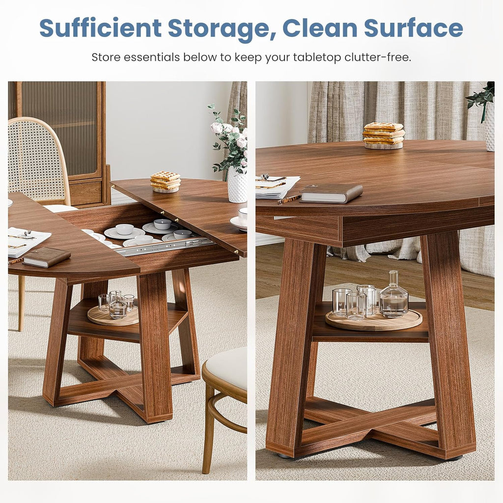 Extendable Round Dining Table for 4-8, Modern Kitchen Oval Dinner Table with Storage Shelf, Wood Pedestal Table, Space Saving Modern Style, Brown