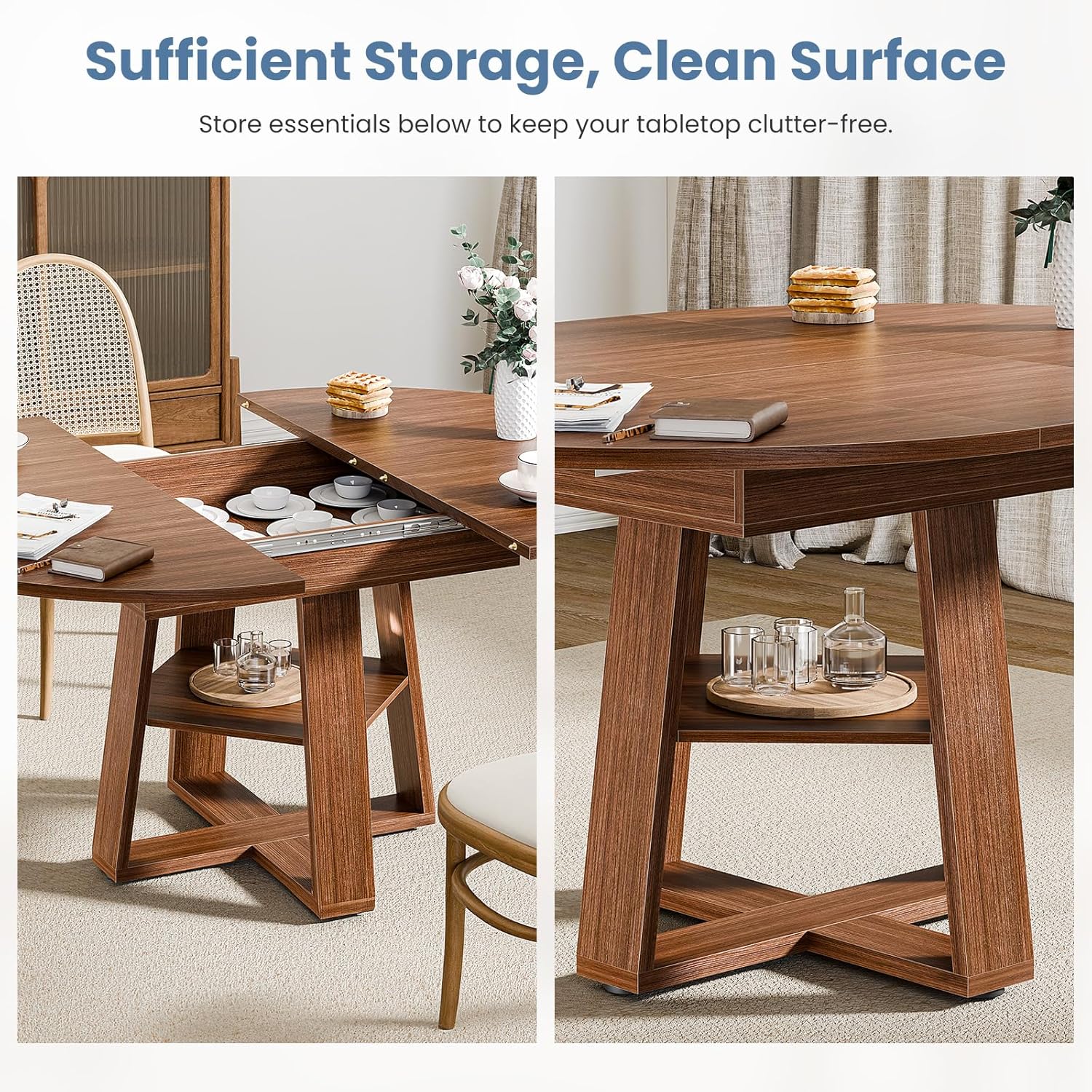 Extendable Round Dining Table for 4-8, Modern Kitchen Oval Dinner Table with Storage Shelf, Wood Pedestal Table, Space Saving Modern Style, Brown