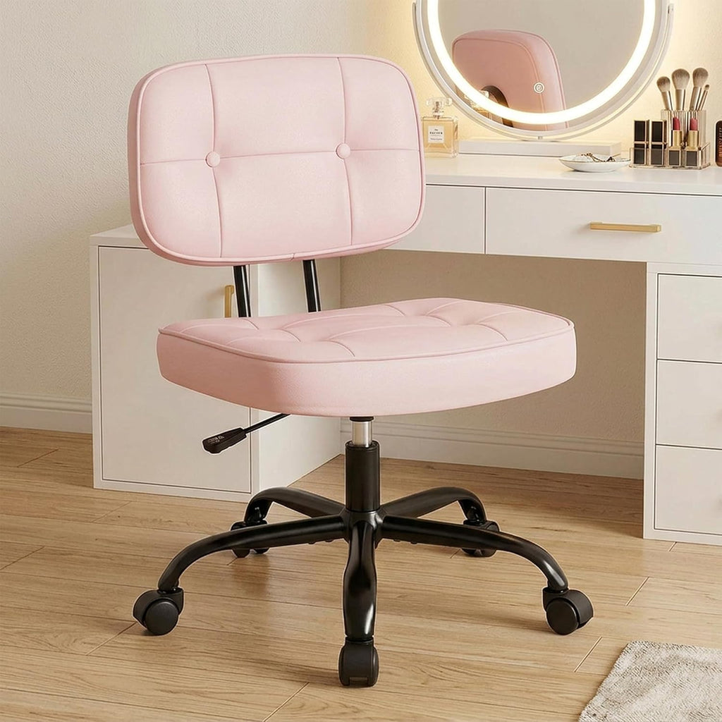 Home Office Desk Chair - Ergonomic Armless PU Leather Computer Rolling Task Chair??with Comfy Lumbar Support and Height Adjustable, Vanity, Bedroom, Pink