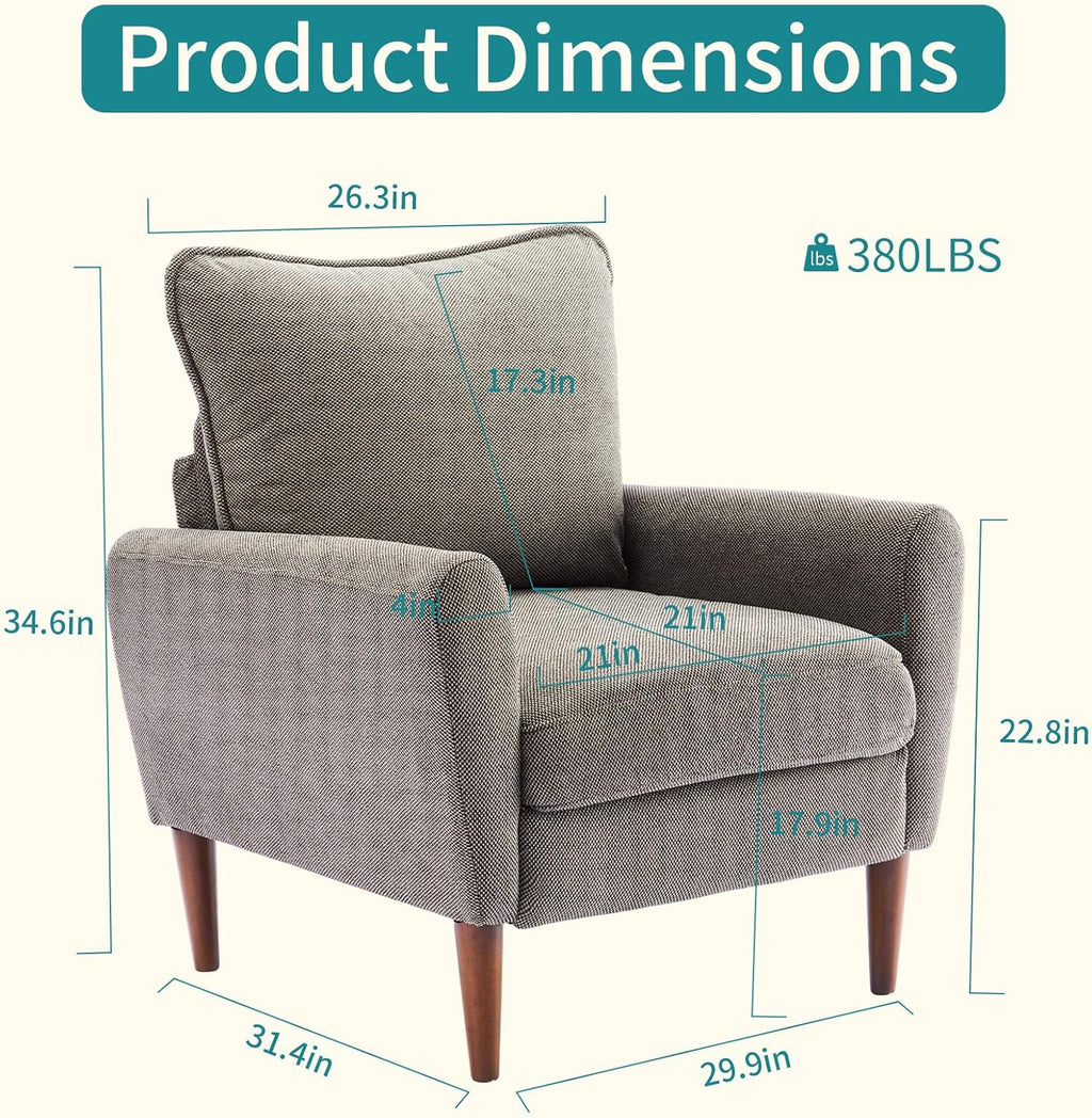 Comfy Accent Chair for Living Room Bedroom and Waiting Room, Upholstered Mid-Century Reading Chair with Pillow and Solid Wood Legs, Wide Singe Modern Lounge Sofa (Gray, 2 Pack)