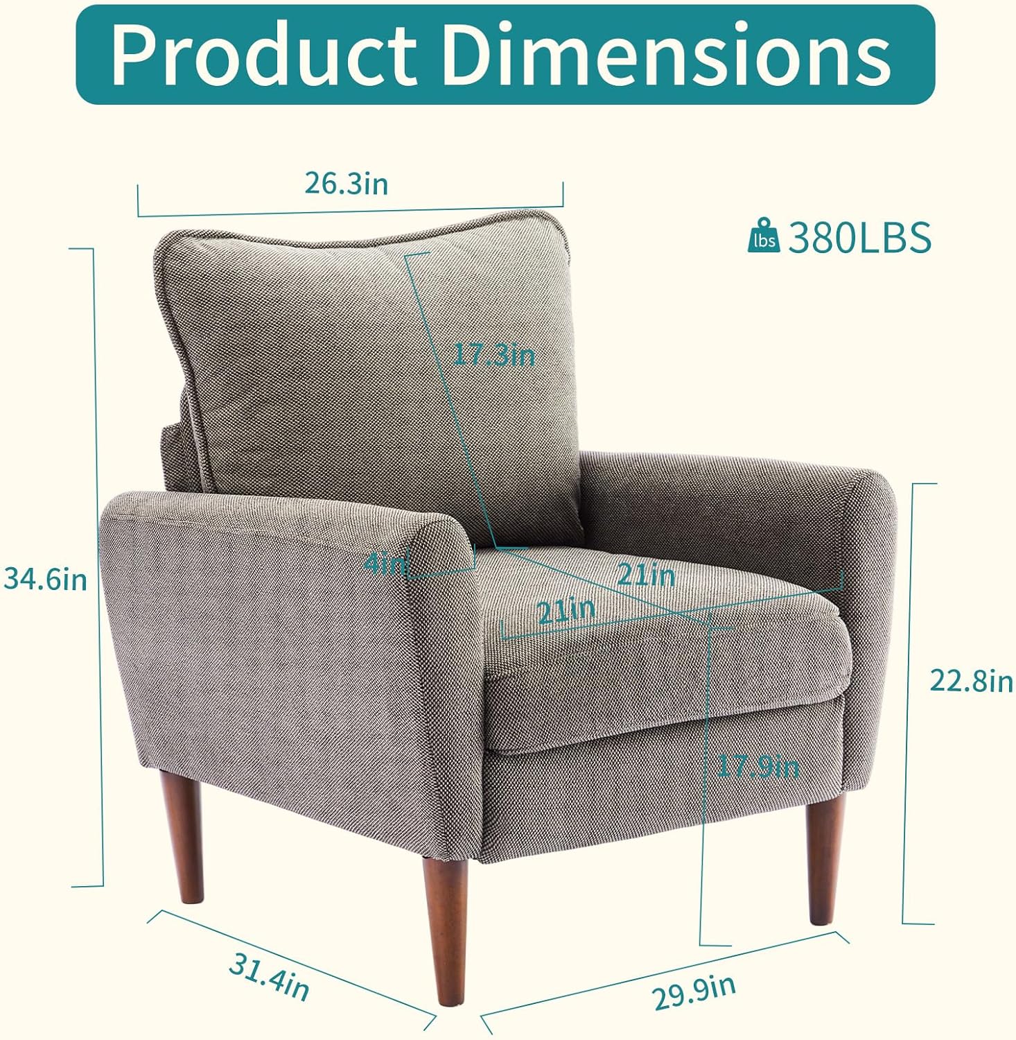 Comfy Accent Chair for Living Room Bedroom and Waiting Room, Upholstered Mid-Century Reading Chair with Pillow and Solid Wood Legs, Wide Singe Modern Lounge Sofa (Gray, 2 Pack)