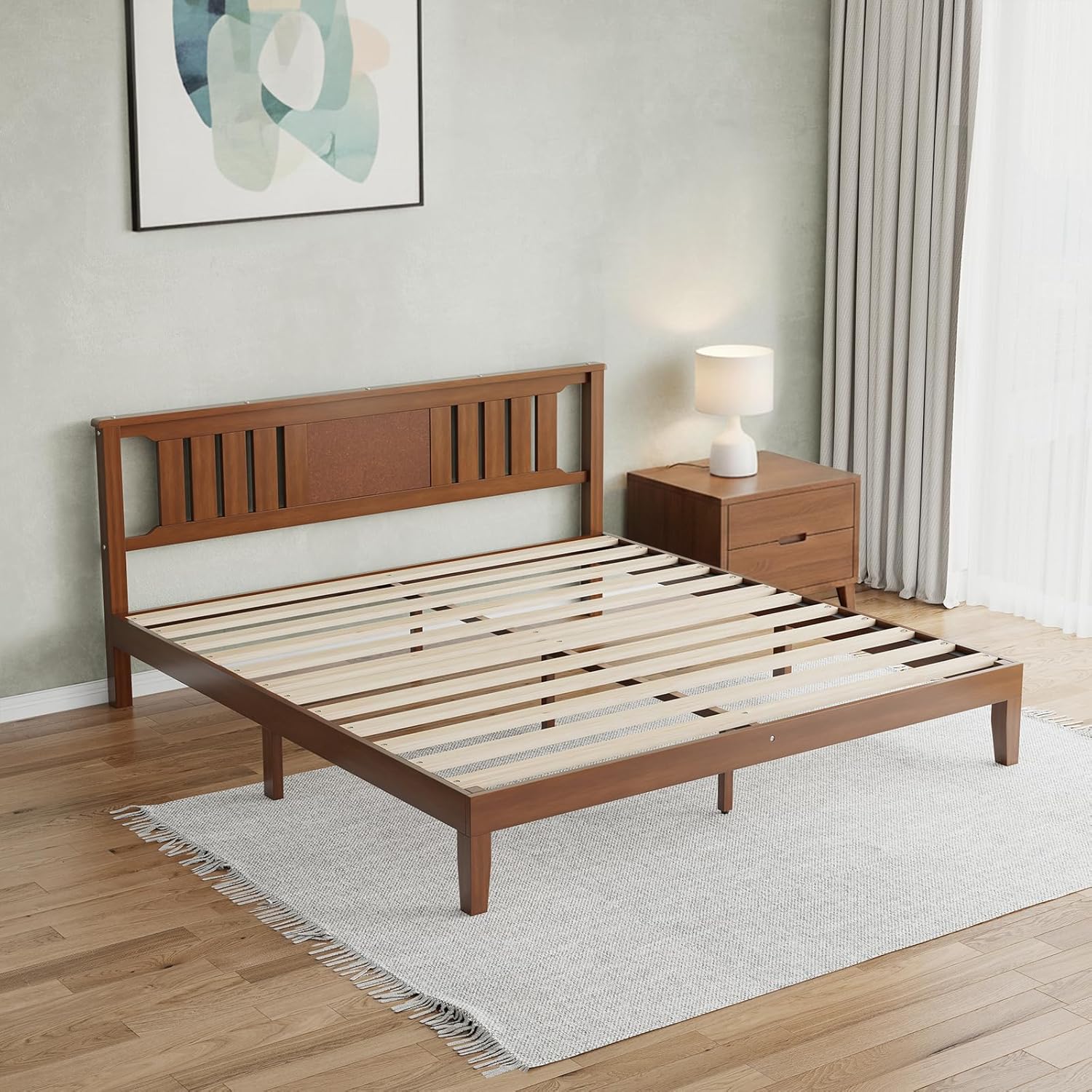 Twin Size Wood Bed Frame with Headboard, Solid Natural Wooden Platform Bed Base, Heavy Duty Slat Support Mattress Foundation, No Box Spring Needed, Low-Profile Design