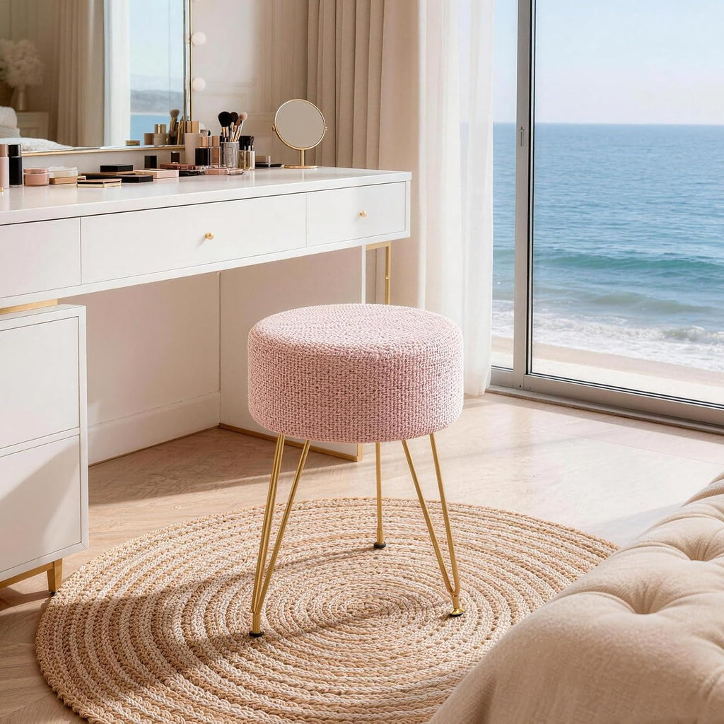 Velvet Vanity Stool, 350LBS Heavy-Duty Makeup Stool with 4CM Thick Cushion, Round Ottoman Footrest Chair for Bedroom, Bathroom, Dressing Table, Easy-Clean Soft Fabric, Pink
