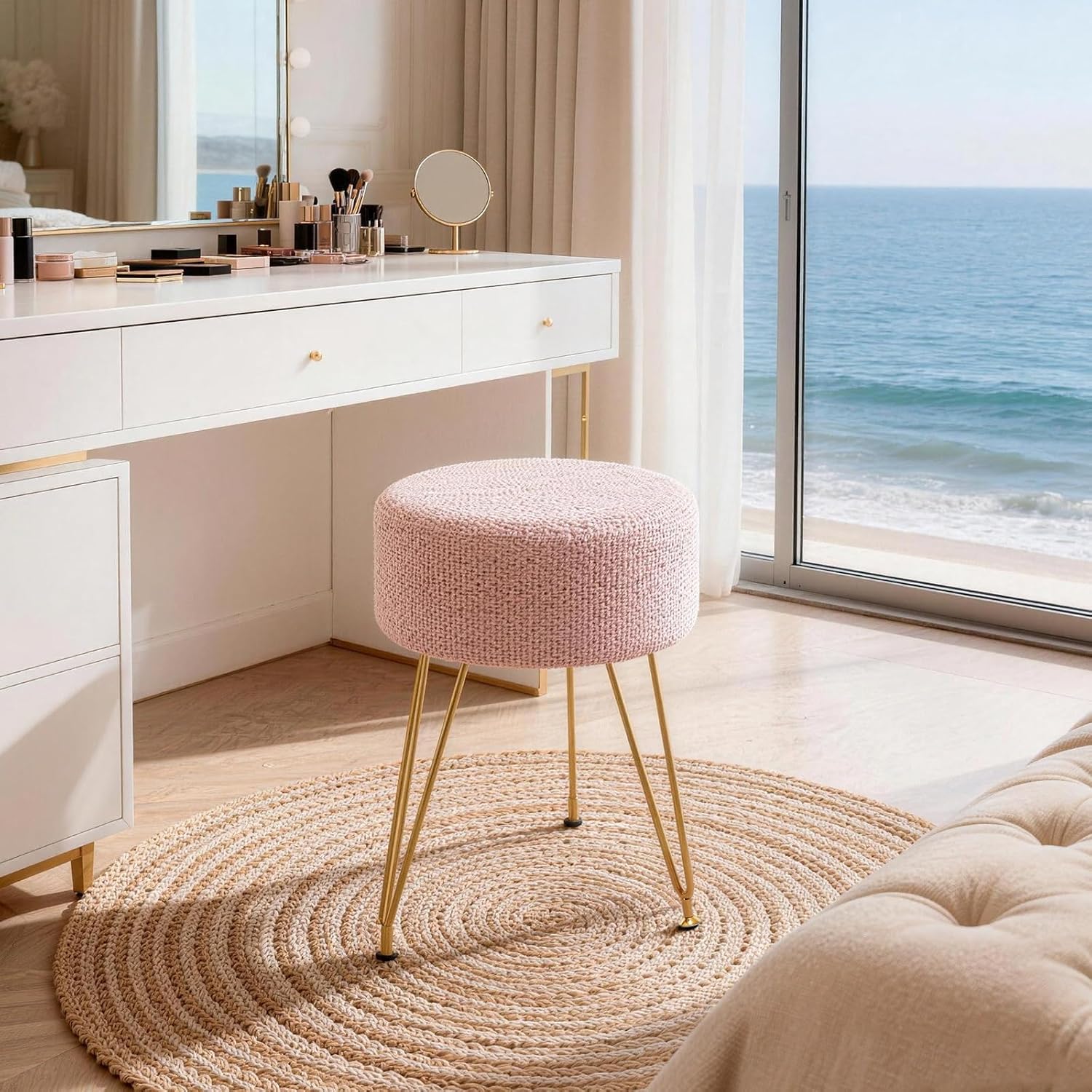 Velvet Vanity Stool, 350LBS Heavy-Duty Makeup Stool with 4CM Thick Cushion, Round Ottoman Footrest Chair for Bedroom, Bathroom, Dressing Table, Easy-Clean Soft Fabric, Pink