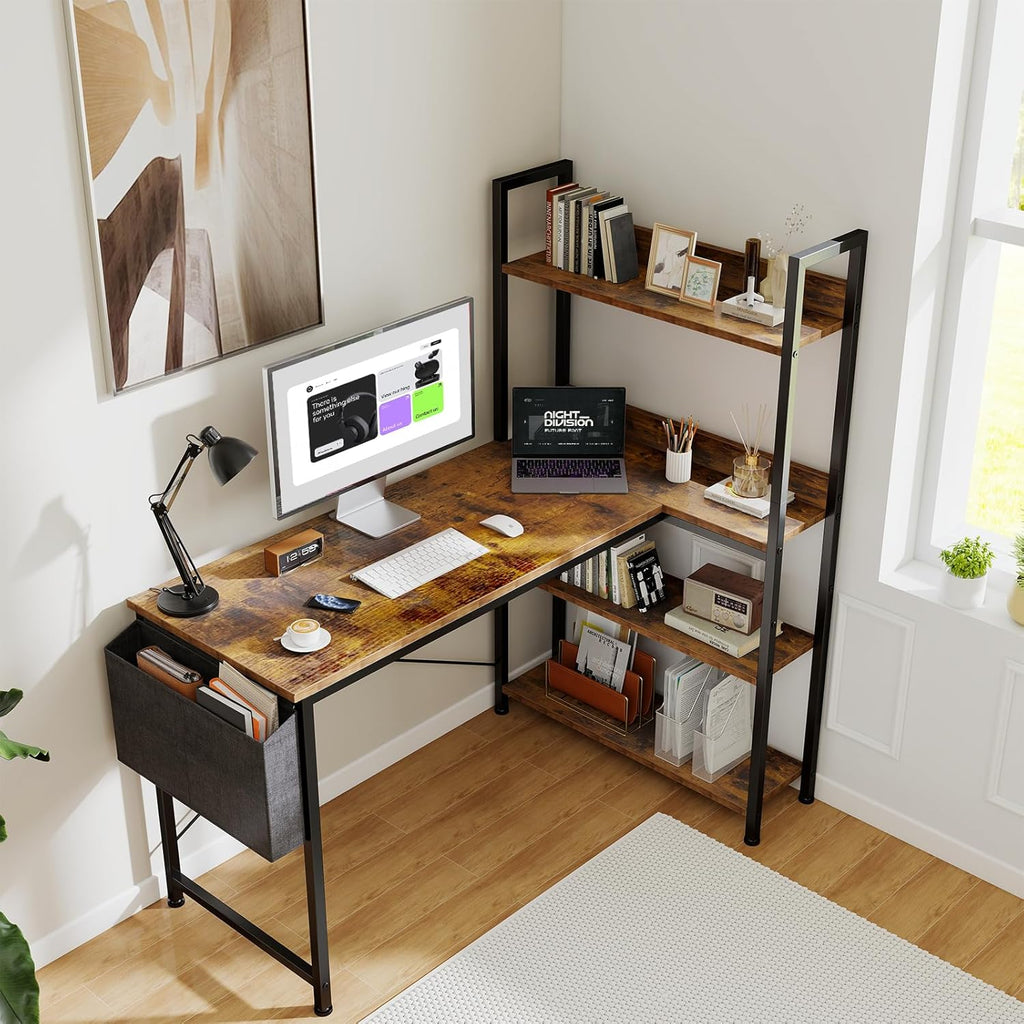 L Shaped Desk Corner Computer Table 47 Inch, L-Shaped Gaming Desks with Storage Shelf Reversible, Wood Tables with Side Bag Adjustable Feet for 2 Monitors Small Space Home Office Bedroom, Brown