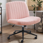 Criss Cross Chair No Wheels, Legged Office Desk Armless Chiar Wide Seat, Adjustable Swivel Teddy Fabric Task Vanity Chairs for Home Bedroom, Pink