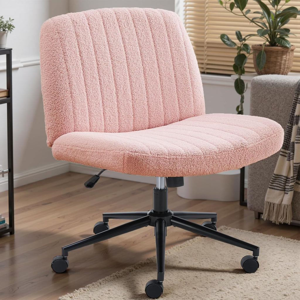 Criss Cross Chair No Wheels, Legged Office Desk Armless Chair Wide Seat, Adjustable Swivel Teddy Fabric Task Vanity Chairs for Home Bedroom, Beige