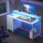 Computer Desk with 4 Drawers,4 Drawer Gaming Desk with Power Outlets and LED Lights,Office Desk for Small Spaces with Monitor Shelf,Writing Desk for Home Office, Bedroom,Study 45 Inch White