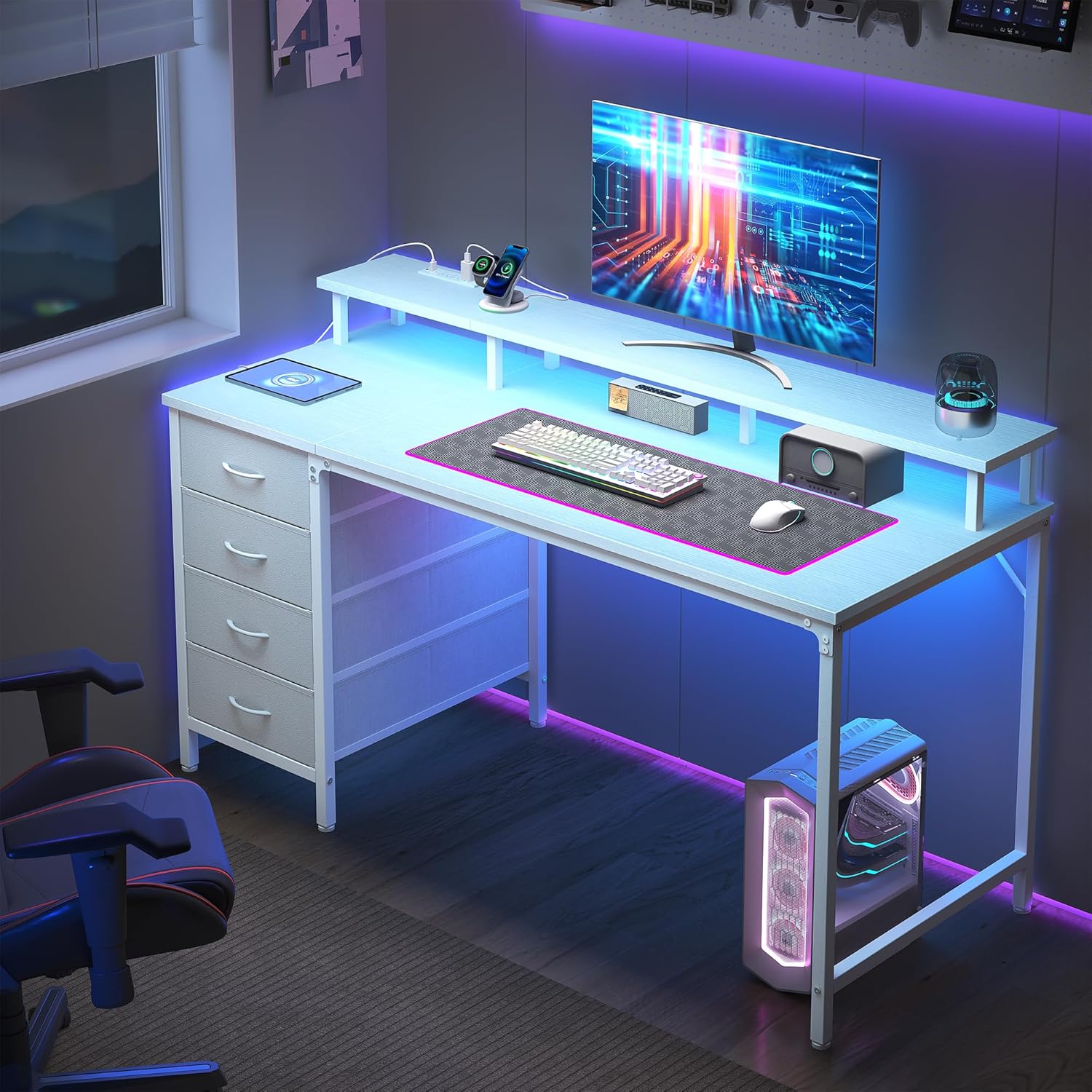 Computer Desk with 4 Drawers,4 Drawer Gaming Desk with Power Outlets and LED Lights,Office Desk for Small Spaces with Monitor Shelf,Writing Desk for Home Office, Bedroom,Study 45 Inch White