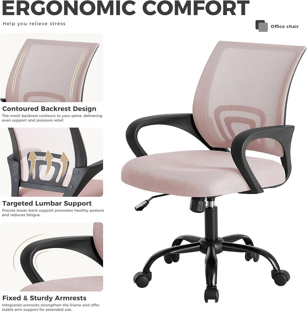 Office Desk Chair - Ergonomic Mid Back with Lumbar Support & Rocking Mode, Height Adjustable with Fixed Armrest, for Home, Computer, Gaming, Conference, Meeting Room, 360?? Swivel, Pink, 2 Pack