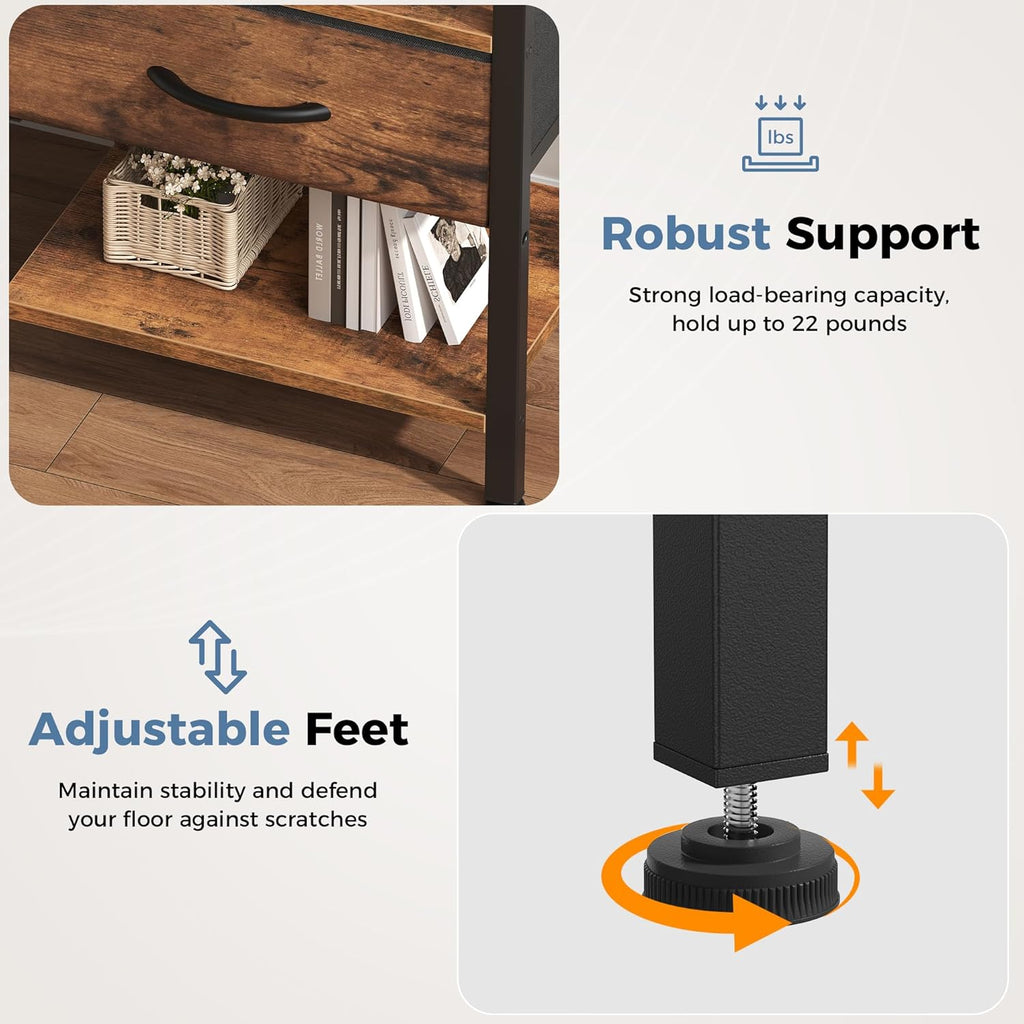 Nightstands Set of 2 with Charging Station, Bedside Table with USB Ports & Type-C, 2 Fabric Drawers Night Stand with Open Shelf, Compact End Table for Bedroom, Rustic Brown