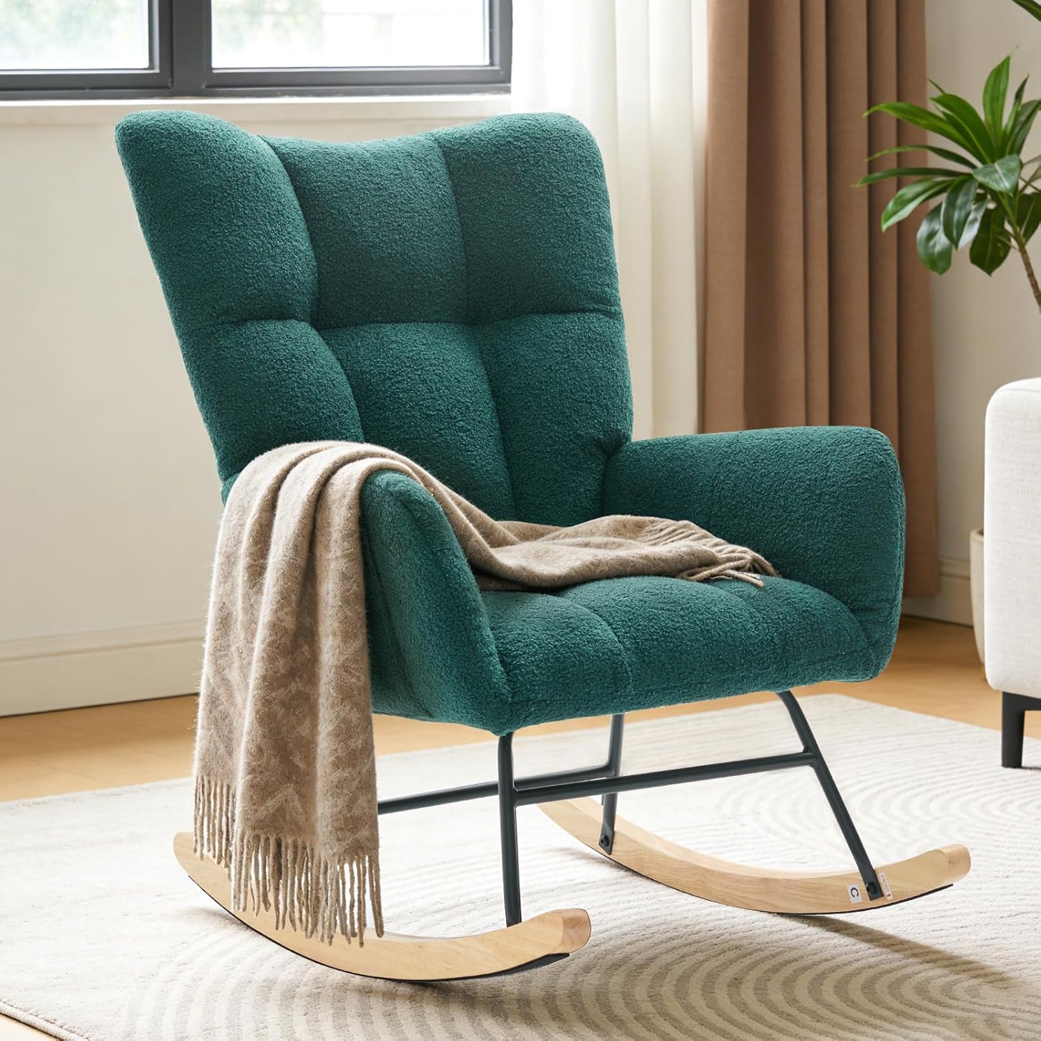 Nursery Rocking Chair Teddy Upholstered, Comfy Glider Rocker with High Backrest Armchair Padded Seat, Accent Side Chair for Living Room Bedroom Offices Small Spaces Indoor, Green