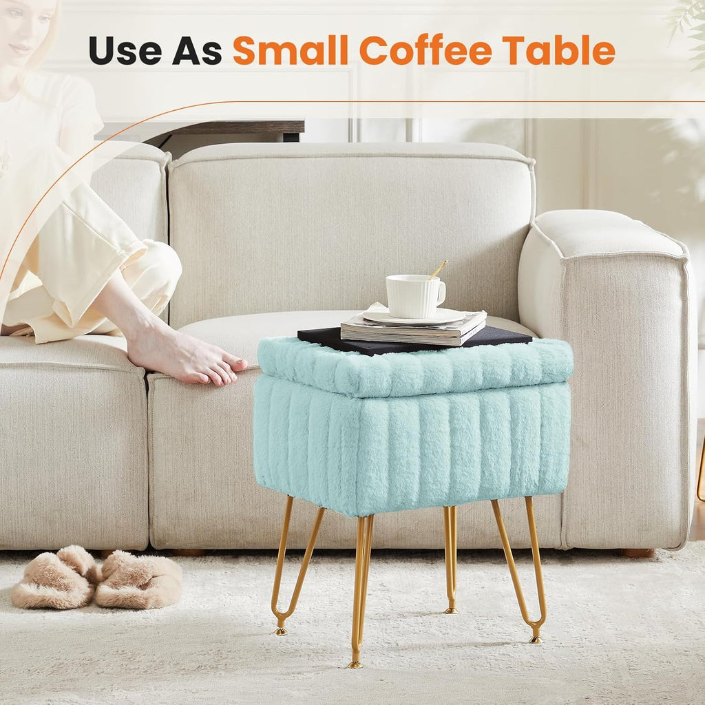 Vanity Stool Chair, Ottoman with Storage, Makeup Cute Soft Small Footstool, Modern Style Faux Fur Seat with 4 Metal Legs & Adjustable Feet for Dressing, Living Room, Bedroom, Dorm, Green