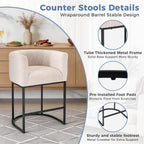 Barrel Bar Stools Set of 2, Modern Counter Height Barstools with Linen Fabric Upholstered Seat, 350lbs Capacity Kitchen Island Chair, Bar Stools with Metal Sled Base and Footrest, Light Grey