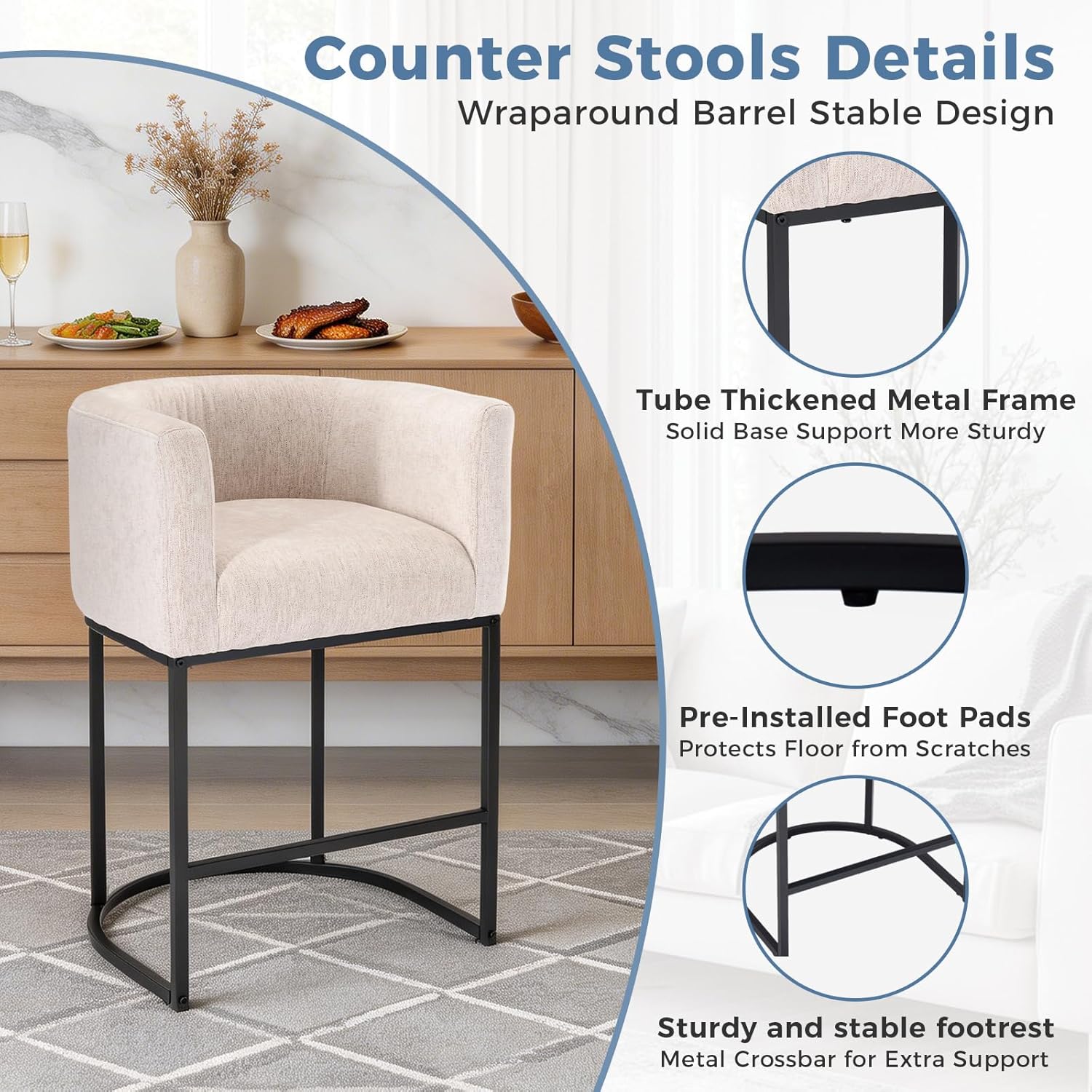 Barrel Bar Stools Set of 2, Modern Counter Height Barstools with Linen Fabric Upholstered Seat, 350lbs Capacity Kitchen Island Chair, Bar Stools with Metal Sled Base and Footrest, Light Grey