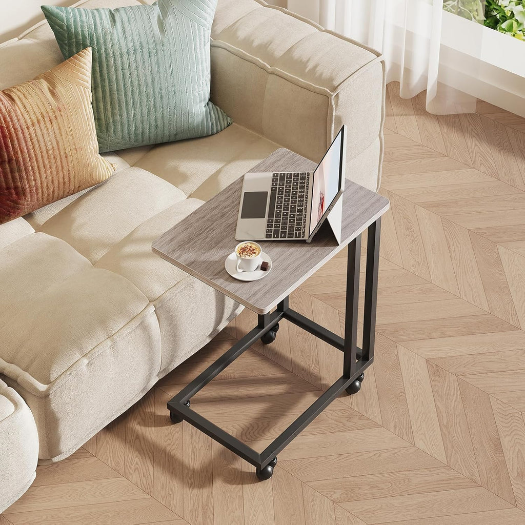 C Tables Counch That Slide Under Set of 2, Bed Side Table Tray Sofa Portable Rolling with Wheels Metal Frame, Wood Stand for Living Room Entryway Small Space Bedroom, Grey