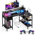 47?? Gaming Desk with USB Charging Ports & LED Lights, Reversible L Shaped Desks Computer Corner Gamer Table with Power Outlets Monitor Stand Storage Shelves for Home Office Small Space, Black