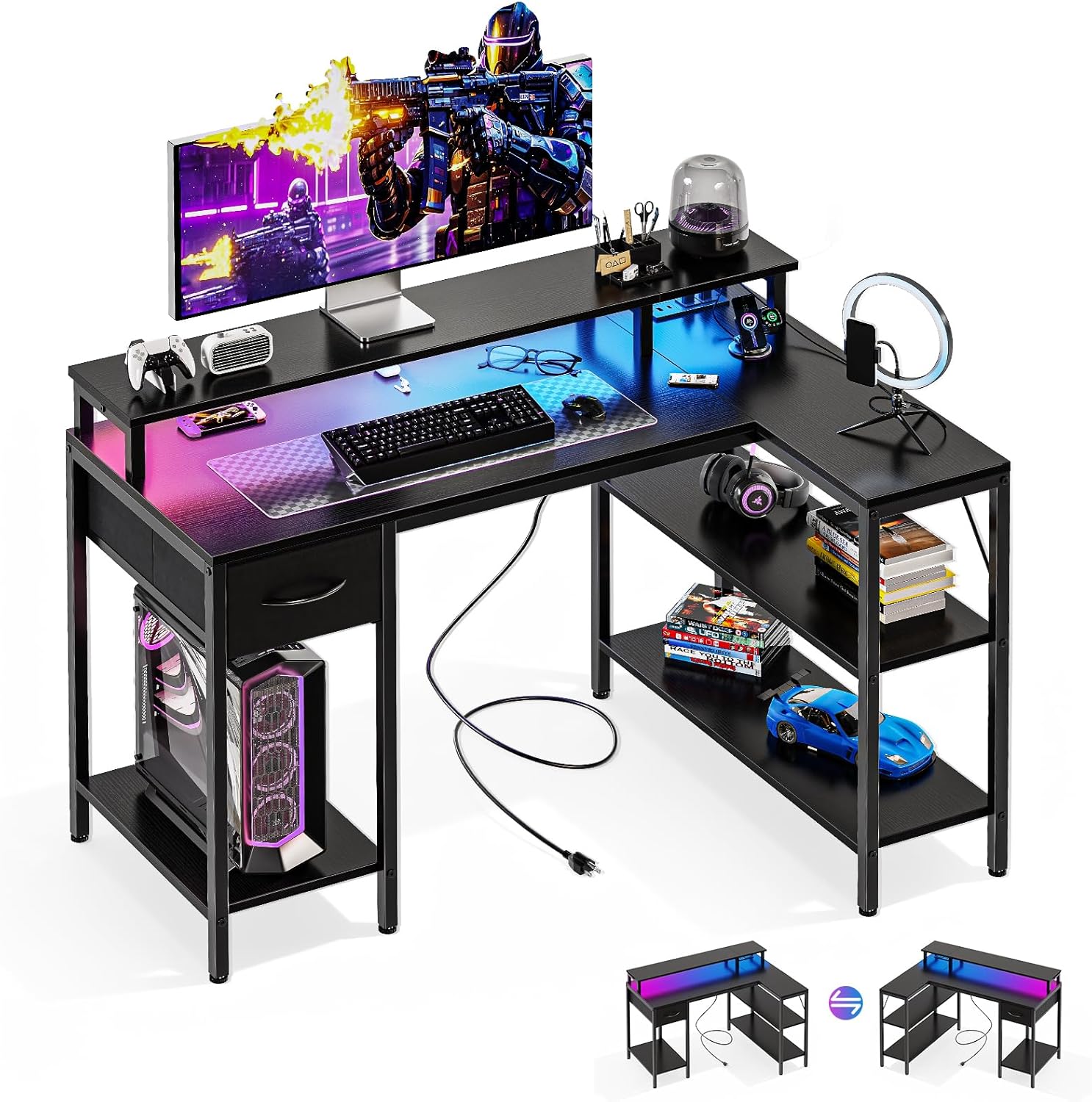 53?? Gaming Desk with USB Charging Ports & LED Lights, Reversible L Shaped Desks Computer Corner Gamer Table with Power Outlets Monitor Stand Storage Shelves for Home Office Small Space, White