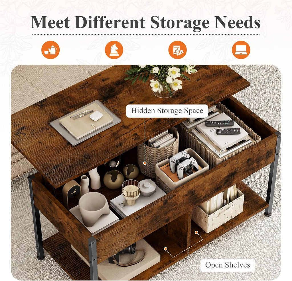 Lift Top Coffee Table with Storage 39 Center Table with Hidden Compartment & 2 Shelves Farmhouse, Wood Coffee Table for Living Room with Sturdy Lift-Top Adjustable Feet Brown