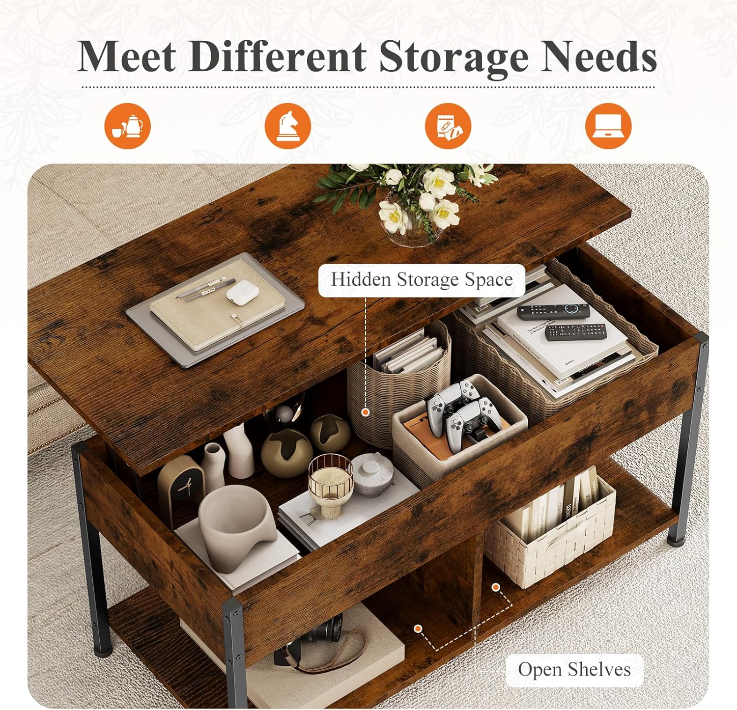 Lift Top Coffee Table with Storage 39 Center Table with Hidden Compartment & 2 Shelves Farmhouse, Wood Coffee Table for Living Room with Sturdy Lift-Top Adjustable Feet Brown