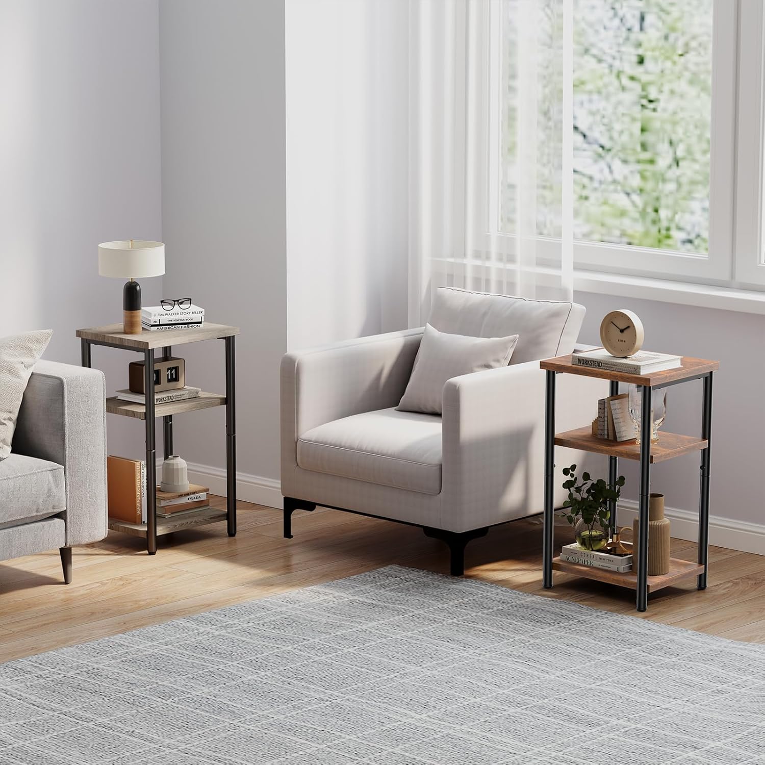 3 Tier End Table for Small Space, Side Sofa Tables Storage Shelf, Nightstand with Adjustable Feet for Living Room, Bedroom, Office, Set of 2, Rustic Brown