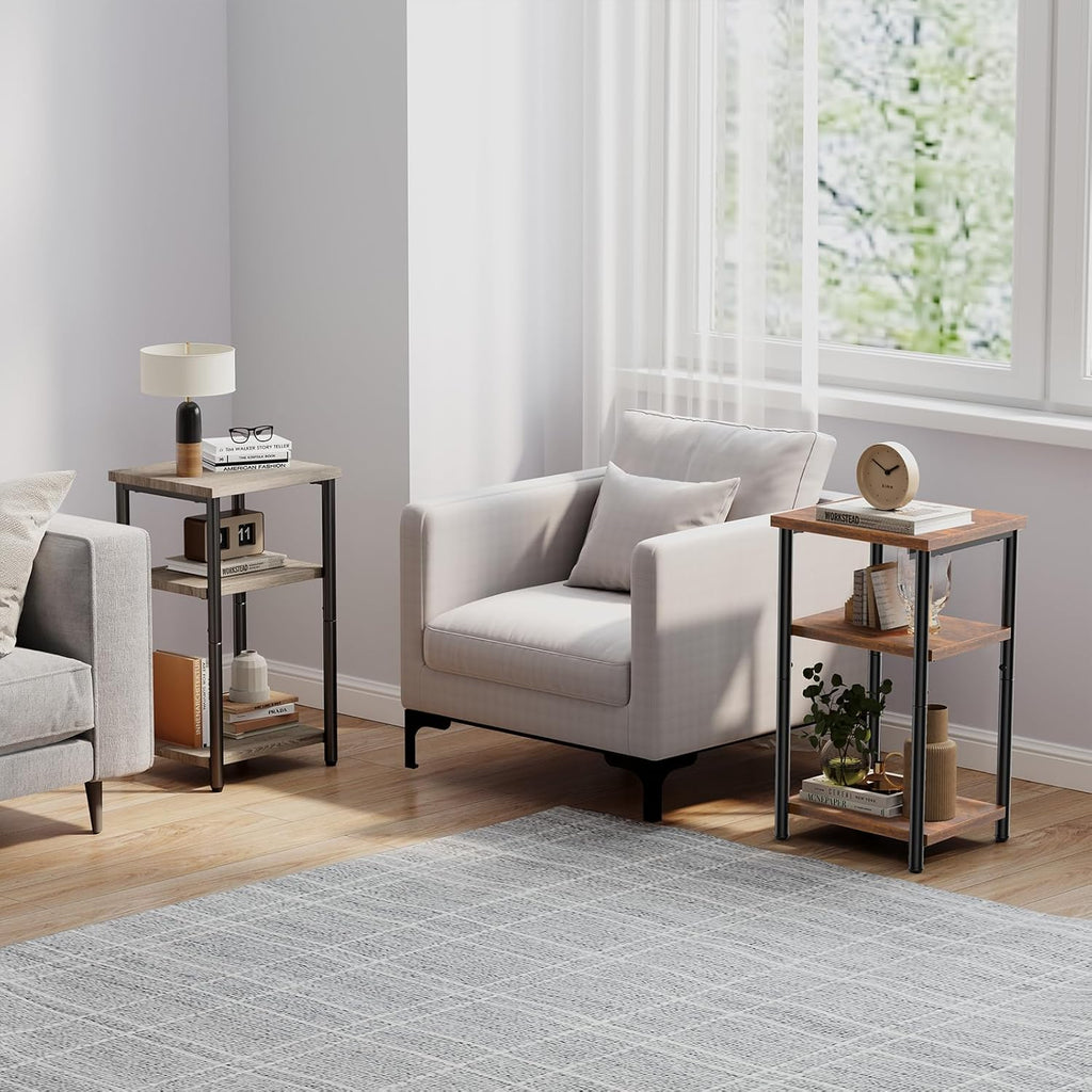 3 Tier End Table for Small Space, Side Sofa Tables Storage Shelf, Nightstand with Adjustable Feet for Living Room, Bedroom, Office, Set of 2, Oak Grey