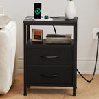 Nightstands Set of 2 with Charging Station, Bedside Table with USB Ports & Type-C, 2 Fabric Drawers Night Stand with Open Shelf, Compact End Table for Bedroom, Rustic Brown