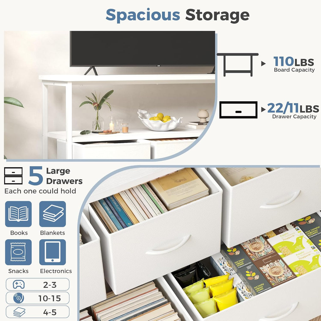 TV Stand, Dresser with 5 Fabric Storage Drawers, Media Console Featuring Open Shelf, Fabric Storage Cabinet with Charging Station, Compact Entertainment Unit for Bedroom, Living Room, White