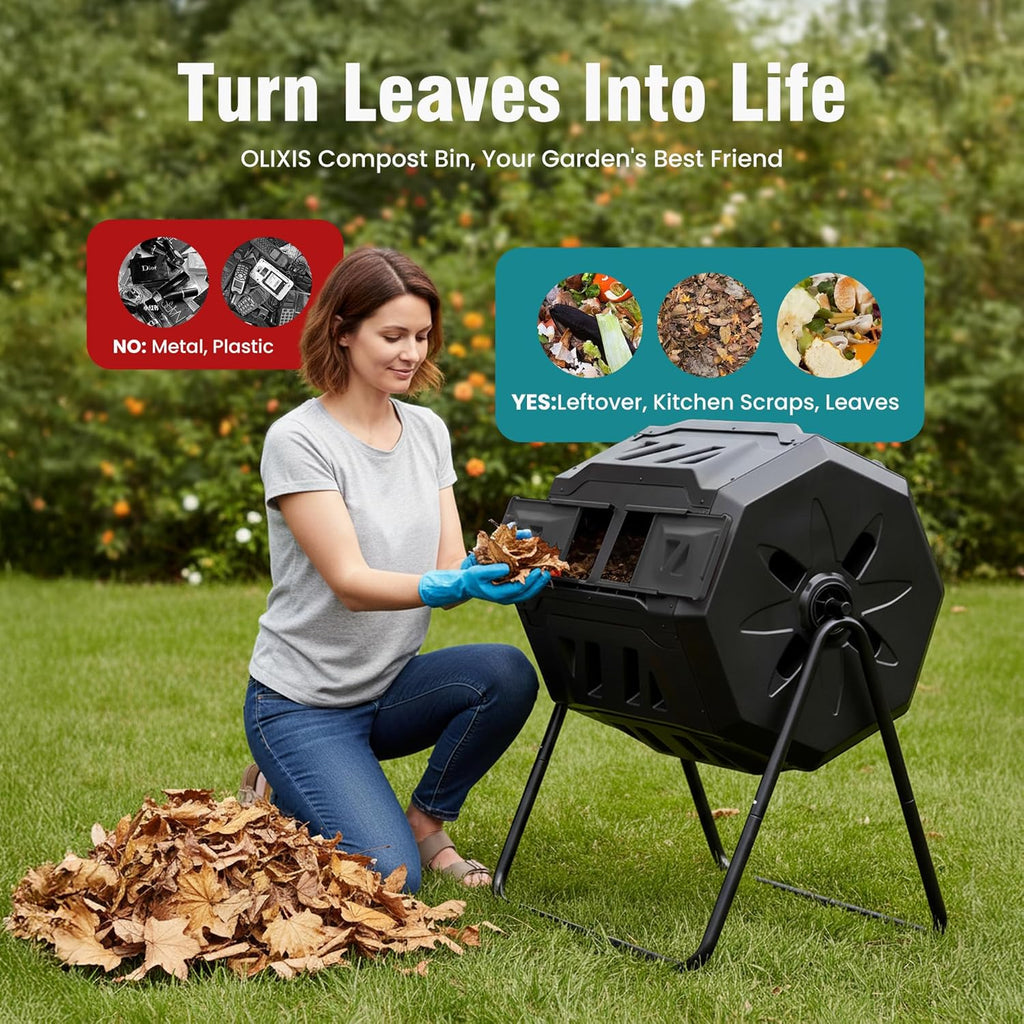 Compost Bin Outdoor 43 Gallon, Dual Chamber Composter Tumbler Outdoor with Gloves, Efficient 360??Rotating Composting Bin for Patio, Lawn, Home Gardening and Landscape, Black
