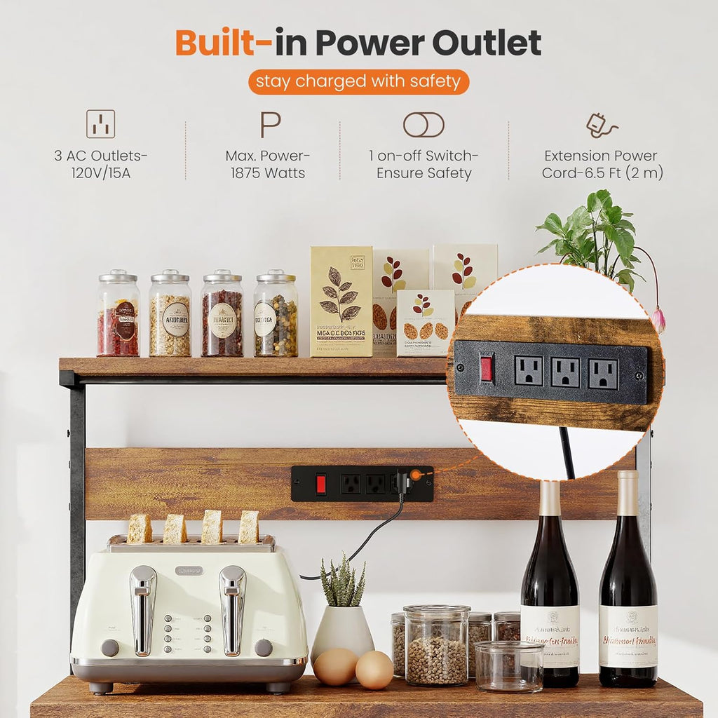 Kitchen Bakers Rack with Power Outlet, Coffee Bar Table 4 Tiers, Microwave Oven Stand Station, Adjustable Storage Shelf Freestanding Appliance Organizer - 23.6 Inch, Rustic Brown