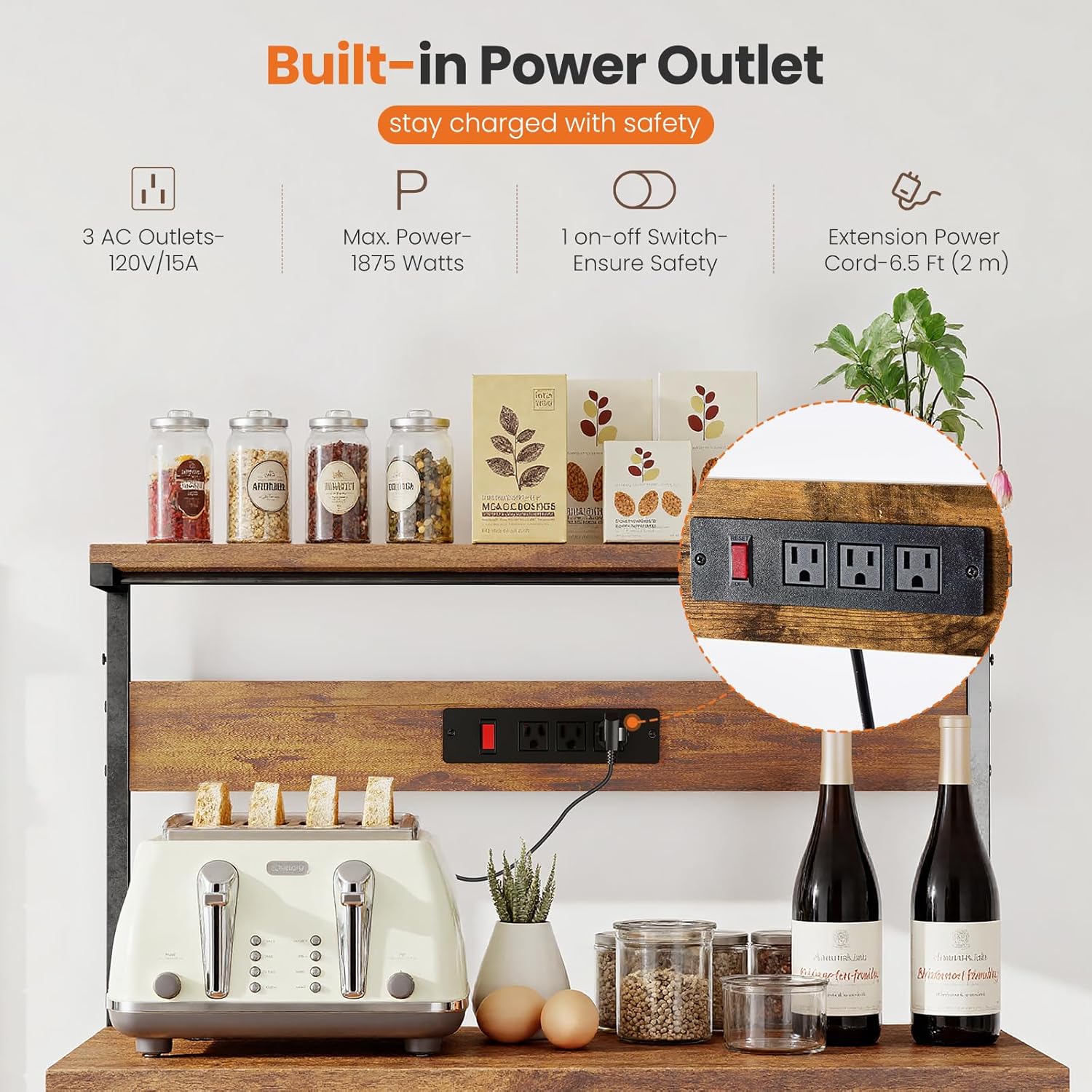 Kitchen Bakers Rack with Power Outlet, Coffee Bar Table 4 Tiers, Microwave Oven Stand Station, Adjustable Storage Shelf Freestanding Appliance Organizer - 23.6 Inch, Rustic Brown