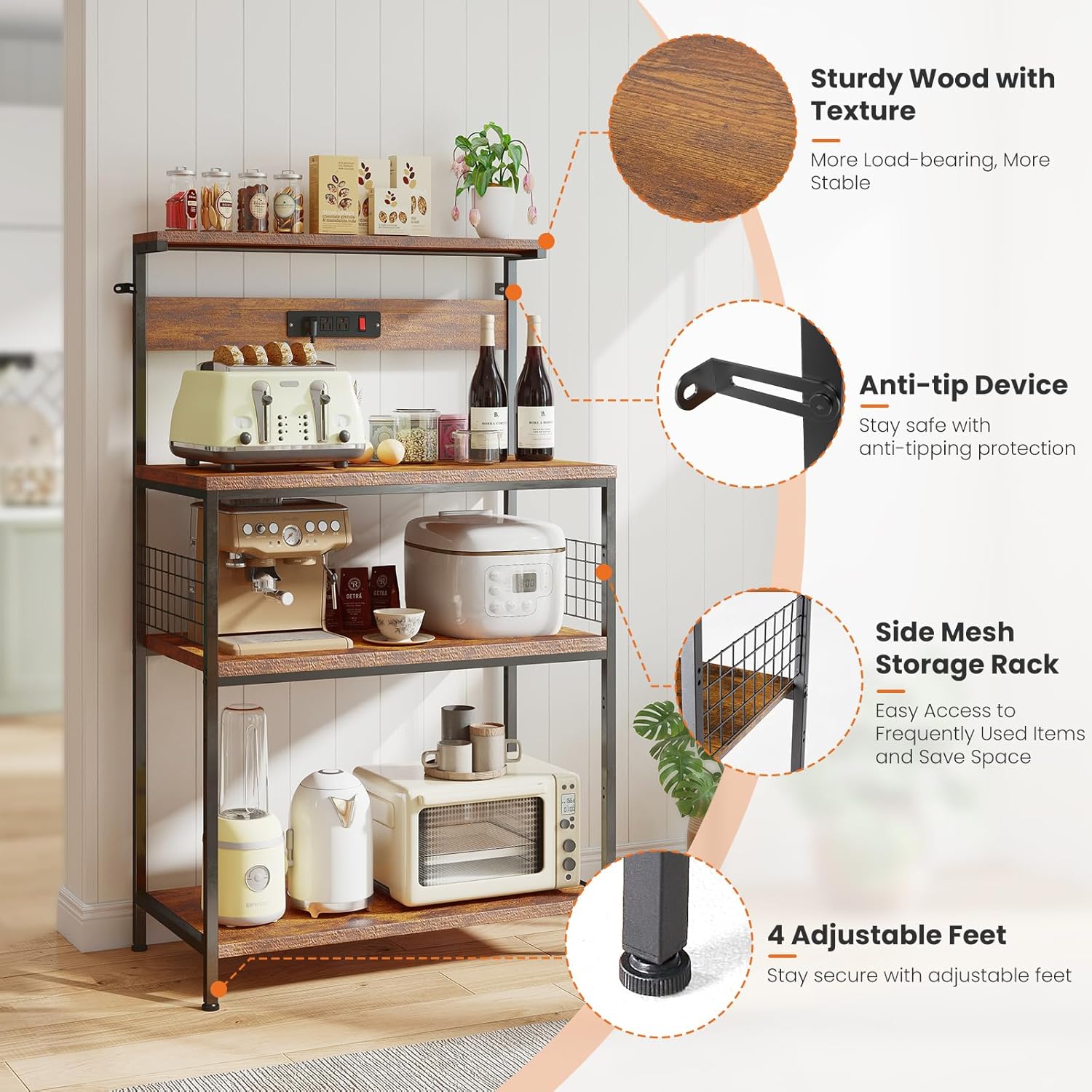 Kitchen Bakers Rack with Power Outlet, Coffee Bar Table 4 Tiers, Microwave Oven Stand Station, Adjustable Storage Shelf Freestanding Appliance Organizer - 23.6 Inch, Rustic Brown