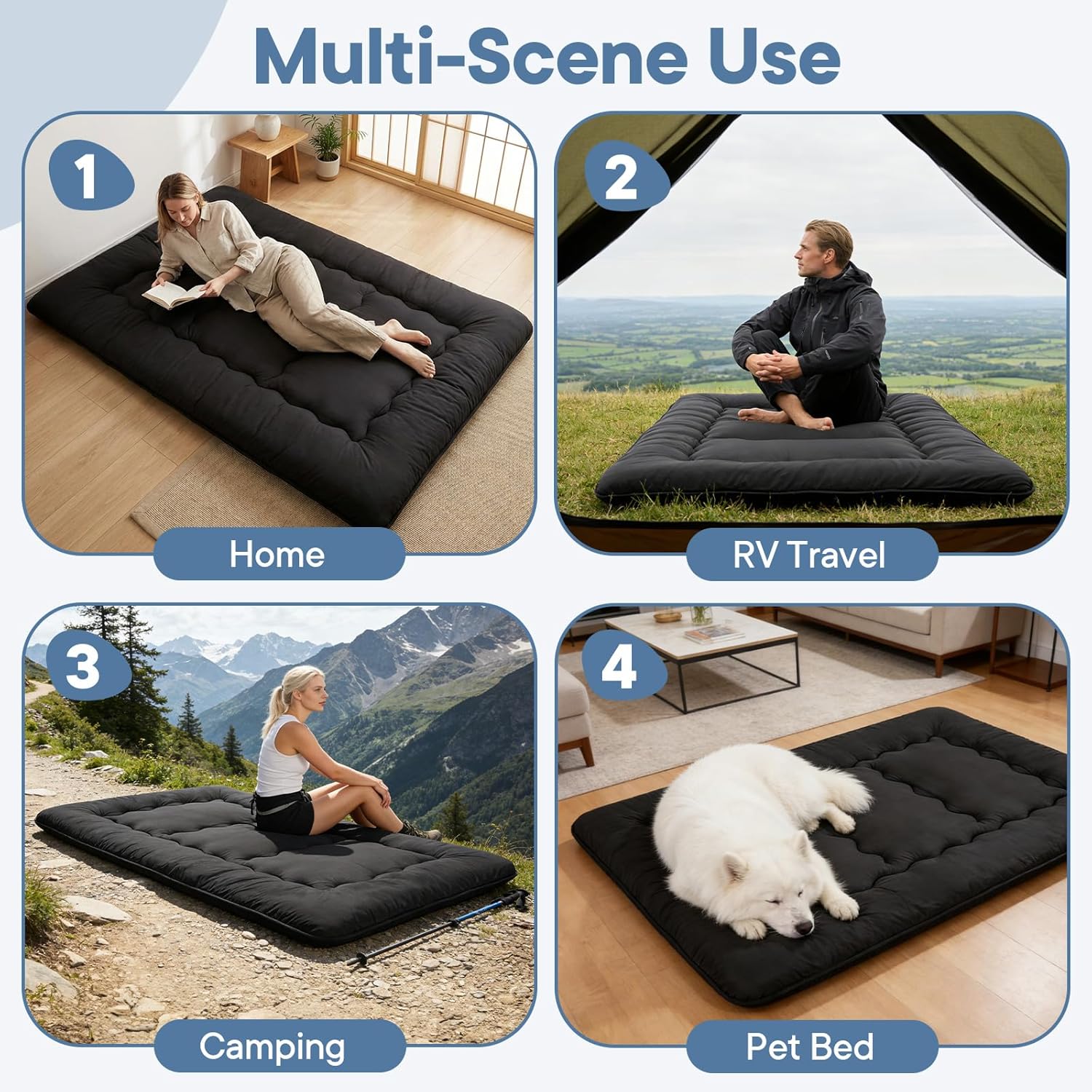 Japanese Floor Mattress Full Size, Futon Mattress Foldable with Removable Washable Cover, Portable Roll Up Tatami Mat for Guest Room, Studio Apartment, Camping and Adult, Black