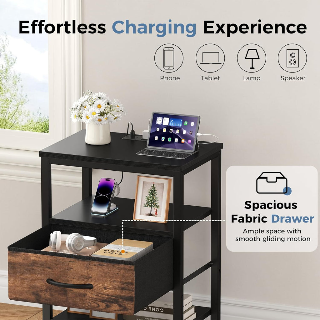 Nightstands Set of 2 with Charging Station, Bedside Table with USB Ports & Type-C, 2 Fabric Drawers Night Stand with Open Shelf, Compact End Table for Bedroom, Rustic Brown