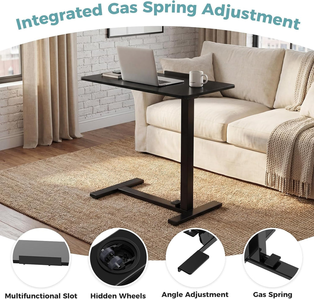 Mobile Standing Desk, Height-Adjustable Computer Cart with Pneumatic Lift, Portable Computer Workstation Cart for Bed, Couch, Office, Sofa, Black