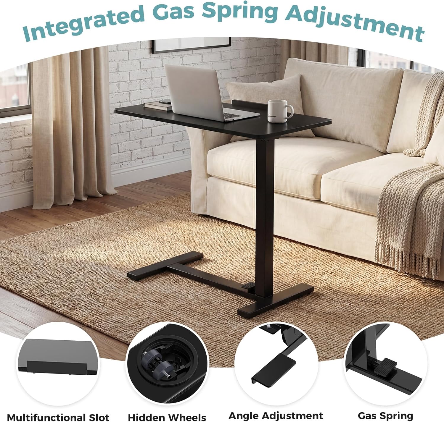 Mobile Standing Desk, Height-Adjustable Computer Cart with Pneumatic Lift, Portable Computer Workstation Cart for Bed, Couch, Office, Sofa, Black