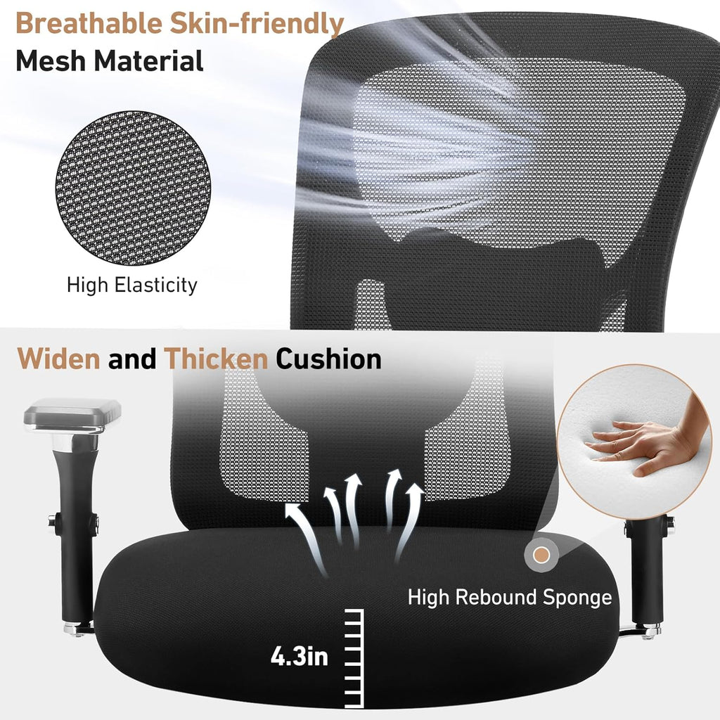Ergonomic Home Office Desk Chair - Heavy Duty Mid Back with Lumbar Support & 4D Armrest, Height Adjustable Mesh Computer Gaming with Backrest & Swivel Wheels, Dark