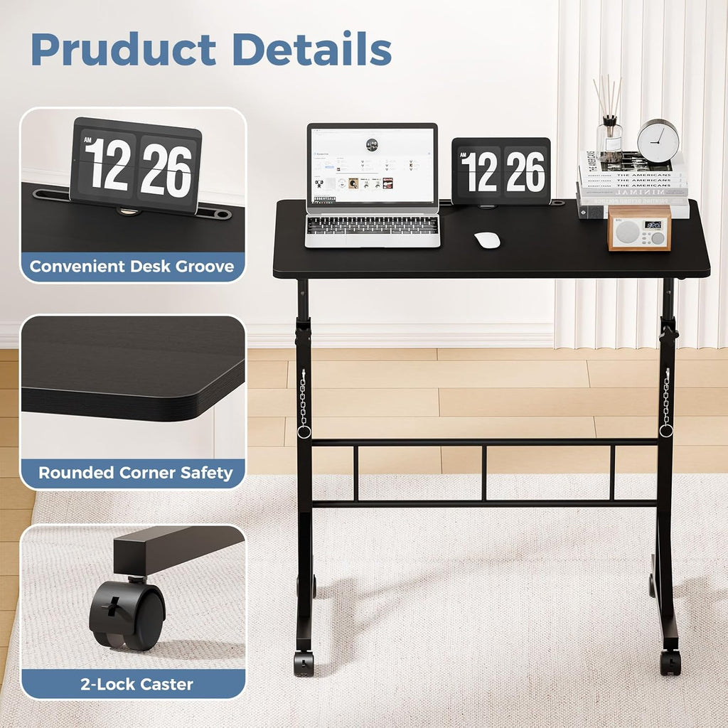 31.5 Adjustable Height Mobile Desk with Locking Wheels & Pin-Lock, Portable Workstation for Walking Pad & Active Home Office, Black