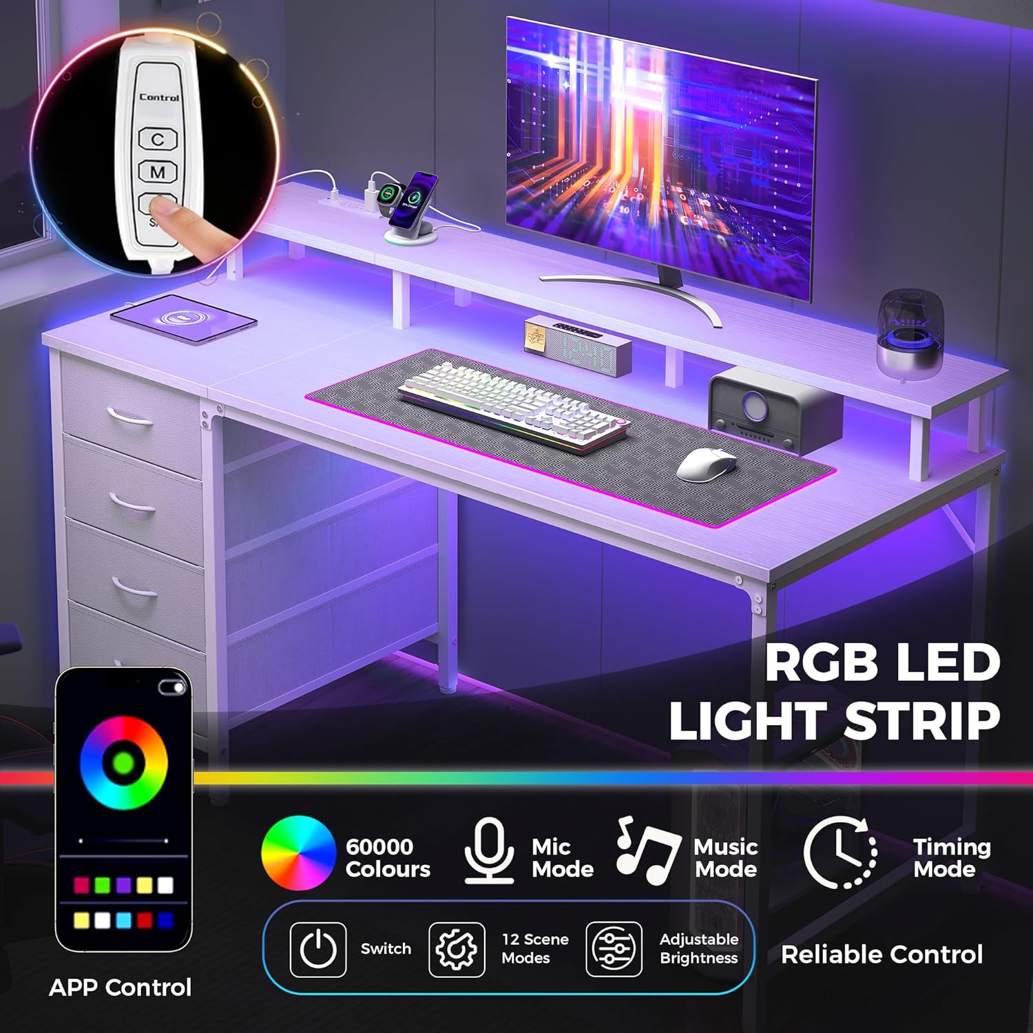 Computer Desk with 4 Drawers,4 Drawer Gaming Desk with Power Outlets and LED Lights,Office Desk for Small Spaces with Monitor Shelf,Writing Desk for Home Office, Bedroom,Study 45 Inch White