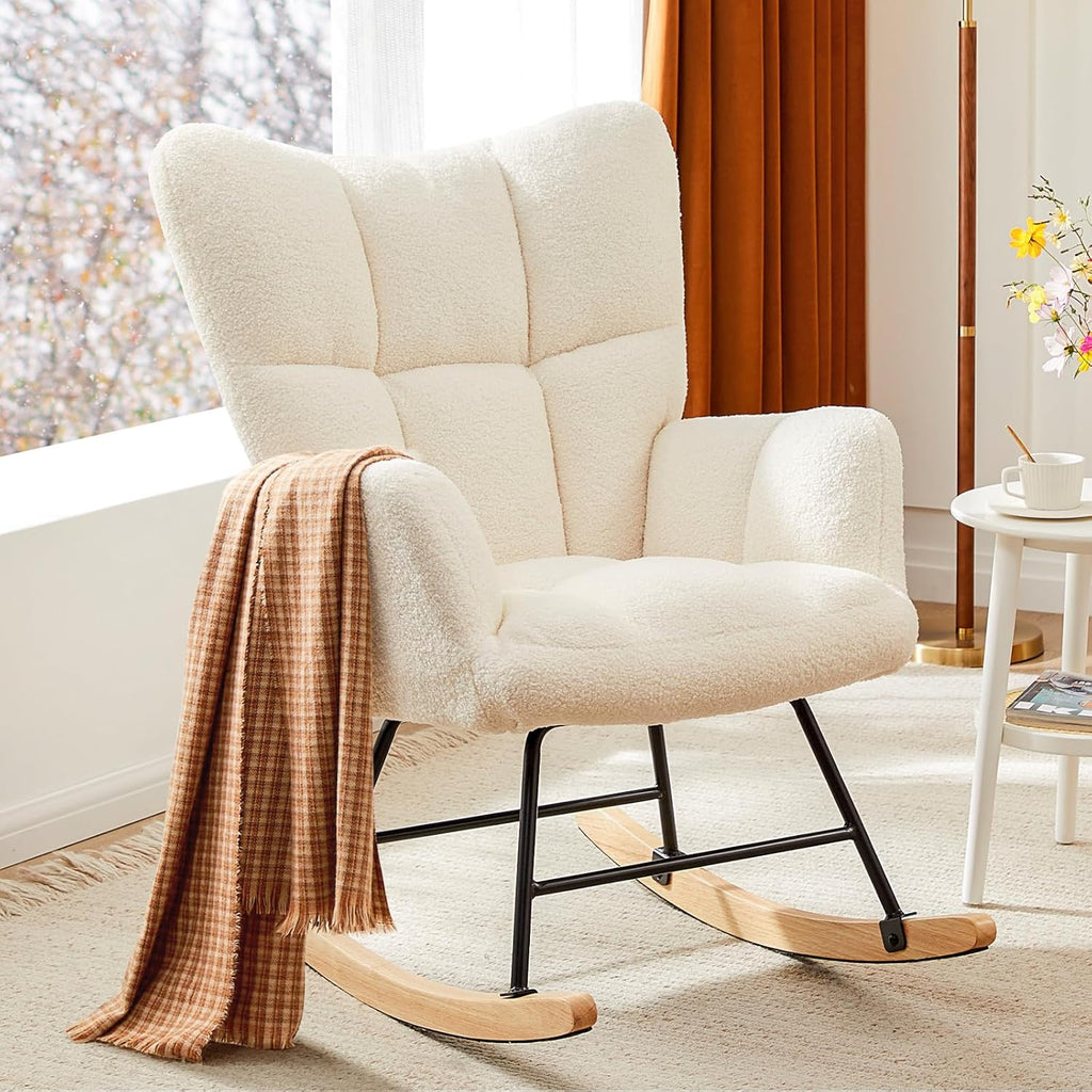 Nursery Rocking Chair Teddy Upholstered, Comfy Glider Rocker with High Backrest Armchair Padded Seat, Accent Side Chair for Living Room Bedroom Offices Small Spaces Indoor, Pink