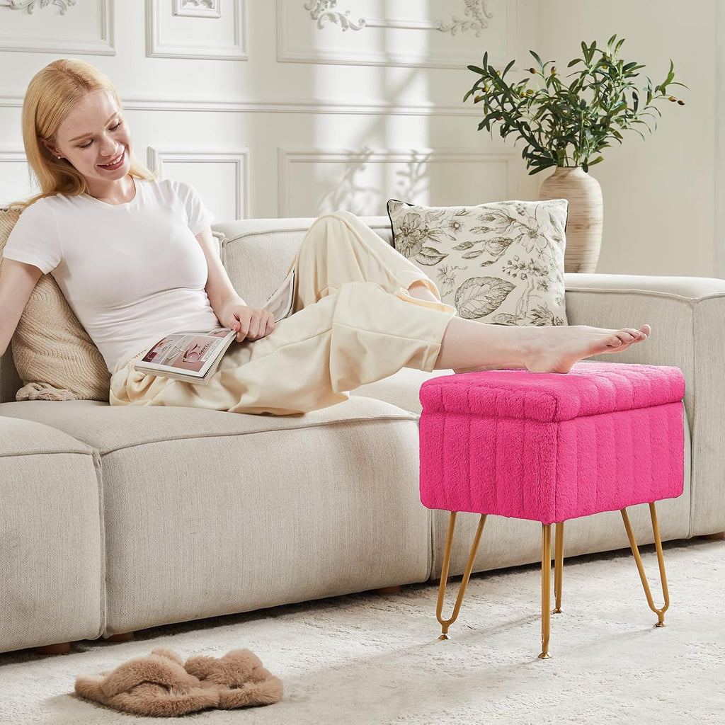 Vanity Stool Chair, Ottoman with Storage, Makeup Cute Soft Small Footstool, Modern Style Faux Fur Seat with 4 Metal Legs & Adjustable Feet for Dressing, Living Room, Bedroom, Dorm, Red