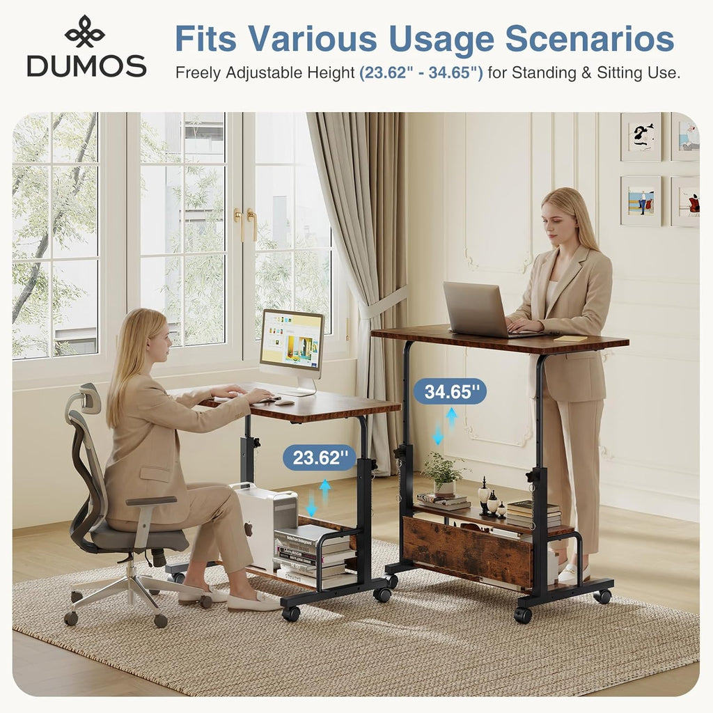31.5 Manual Standing Desk, Height Adjustable Mobile Computer Desk with Lockable Wheels & 2-Tier Storage, Rolling Laptop Table for Small Spaces & Home Office, Rustic Brown